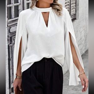 Classic Keyhole Neckline Cloak Sleeve Work Office Top Blouse Shirt White New